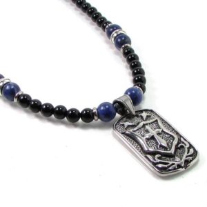 Shop Onyx Necklaces! Sodalite and Onyx Mens Necklace with Shield and Cross, Mens Gemstone Necklace, Shield Necklace, Cross Necklace for Men, Gift for Men | Natural genuine Onyx necklaces. Buy handcrafted artisan men's jewelry, gifts for men.  Unique handmade mens fashion accessories. #jewelry #beadednecklaces #beadedjewelry #shopping #gift #handmadejewelry #necklaces #affiliate #ad