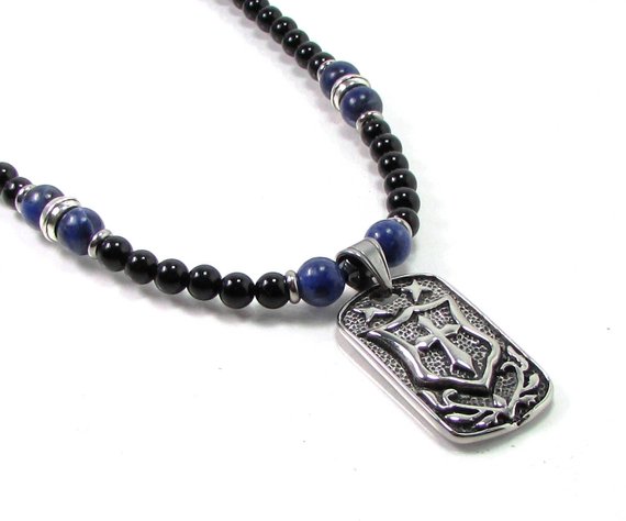 Sodalite And Onyx Mens Necklace With Shield And Cross, Mens Gemstone Necklace, Shield Necklace, Cross Necklace For Men, Gift For Men