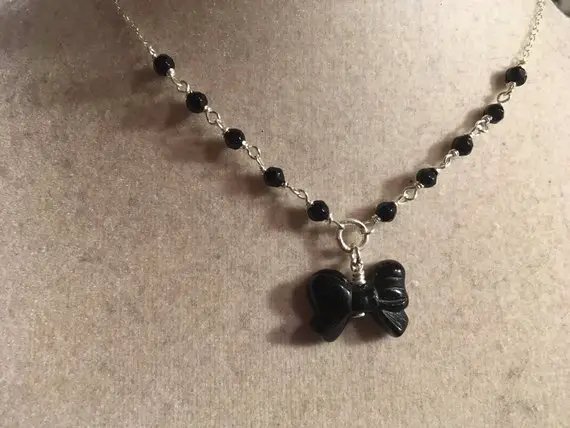 Black Necklace - Onyx Gemstone Jewelery - Bow Pendant - Sterling Silver Jewellery - Dainty