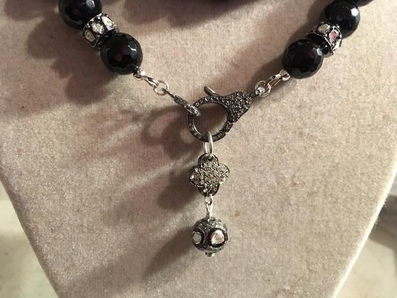 Black Necklace - Pave Diamond Jewelry - Onyx Gemstone Jewellery - Chunky - Quatrefoil - Pendant - Luxe - Long - Beaded - Handmade - Gift