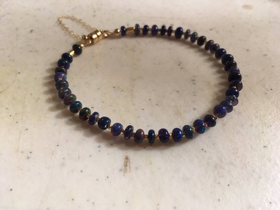 Opal Bracelet - Black Ethiopian Opal Jewelry - Gold Safety Chain Jewellery - Iridescent