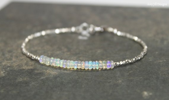 Opal Bracelet, Hill Tribe Silver Beads, Fine Silver, Welo Opal Jewelry, Layering, Minimalist, October Birthstone