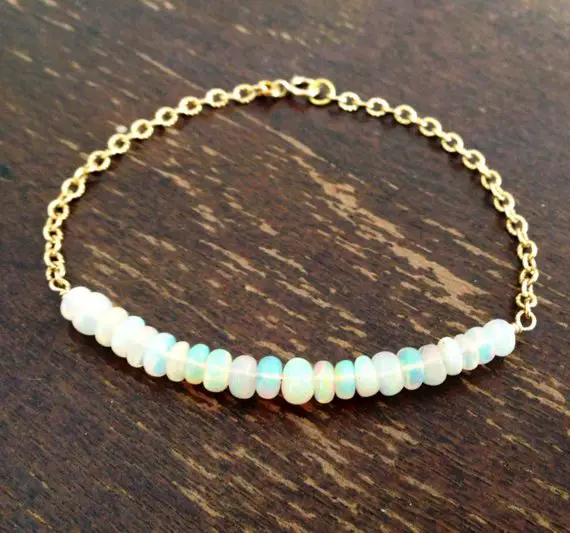 Opal Bracelet - October Birthstone - Gold Chain Jewellery - Ethiopian Opal Jewelry - Iridescent - Beaded - Handmade - Gift - Carmal - Luxe