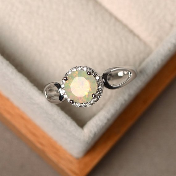 Halo Rings, Opal Engagement Rings, Natural Opal Rings, Round Cut Rings, Sterling Silver Rings, October Birthstone