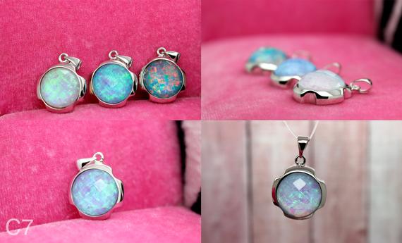 Natural Opal, Japanese Blue White Genuine Smooth Round Opal Gemstone Silver Plated Pendant