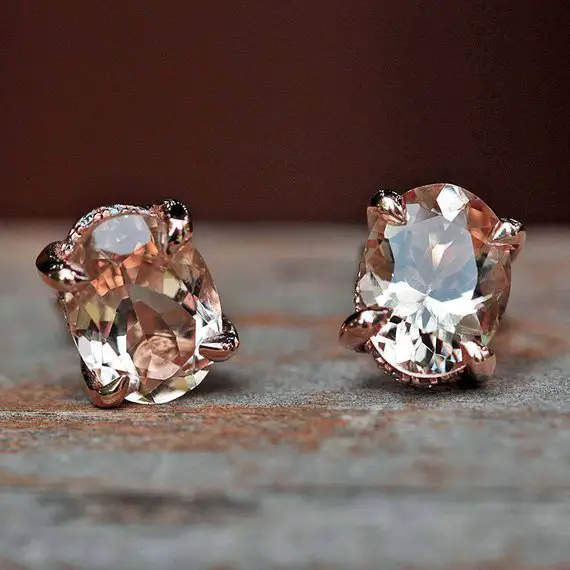 Oval Morganite Earrings With 4 Prong Diamond Halos And Claw Prongs, Lifetime Care Plan Included, Genuine Gems And Diamonds Ls5089