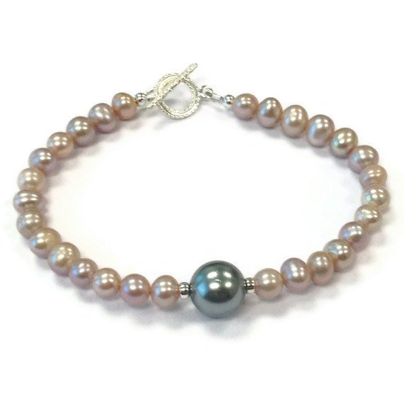 Pink And Gray Pearl Bracelet - Sterling Silver Jewelry - Grey Wedding Jewellery-  Bridesmaid Gifts - Dainty B-209