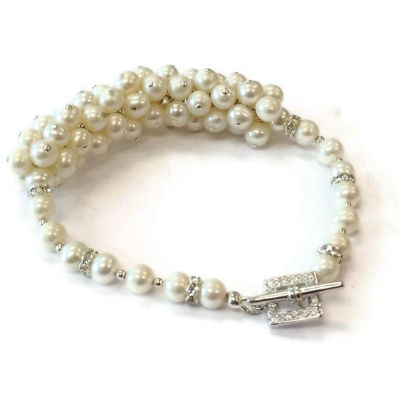 Pearl Bracelet - Wedding Jewellery - June Birthstone - White - Sterling Silver Jewelry - Couture - Mother Of The Bride - Chunky. B-198