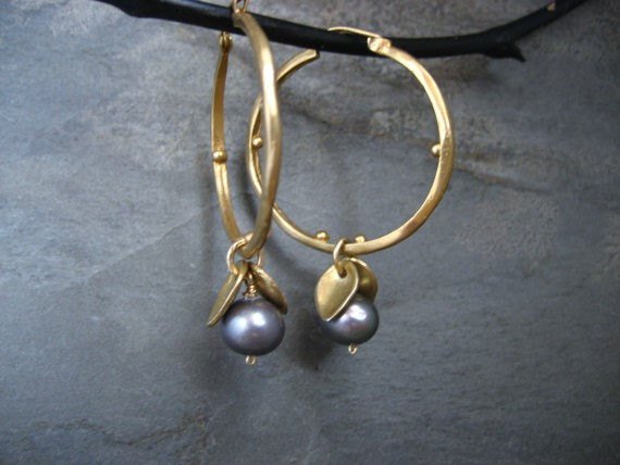 Blue Freshwater Pearl Hoop Earrings With Leaves Dangle, Gold Circle With Dots In 14k Satin Finish, Medium Sized Hoops