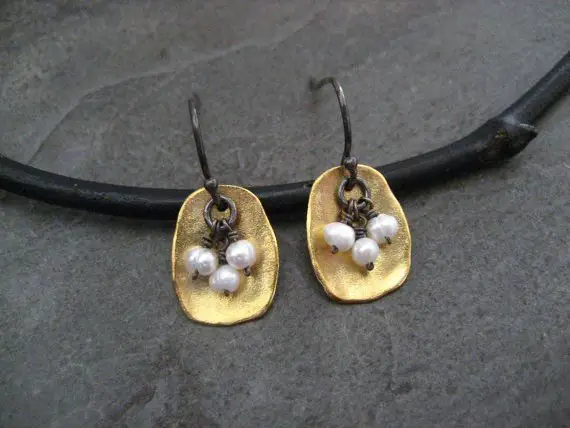 Pearl Earrings, Mixed Metal, Rectangle Dangle, Freshwater Pearl, Bead Cluster, Oxidized Silver, Gold, Organic Drop