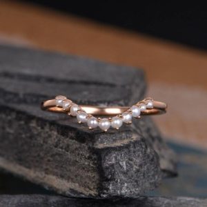 Shop Pearl Jewelry! Pearl Wedding Band Women Curved Wedding Ring Yellow Gold V Shaped Chevron Stack Ring Matching Bridal Anniversary Delicate Ring Half Eternity | Natural genuine Pearl jewelry. Buy handcrafted artisan wedding jewelry.  Unique handmade bridal jewelry gift ideas. #jewelry #beadedjewelry #gift #crystaljewelry #shopping #handmadejewelry #wedding #bridal #jewelry #affiliate #ad