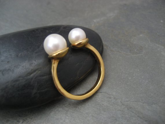 Twin Pearl Ring - Solid Sterling Silver With 18k Gold Plating And 2 Genuine Cultured Pearls