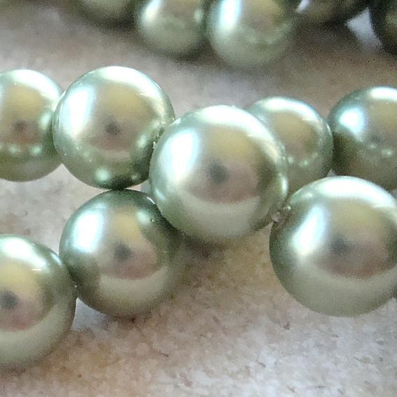 Shell Pearl Beads 12mm Lustrous Sage Green Smooth Rounds  - 8 Pieces