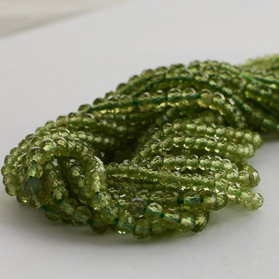 Natural Peridot Semi-precious Gemstone - Faceted - Rondelle Spacer Beads - 3mm, 4mm Sizes -  15" Strand