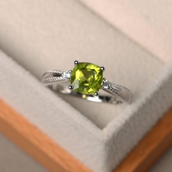 Natural Peridot Ring, Sterling Silver, Cushion Cut, Engagement Ring For Women, August Birthstone Ring