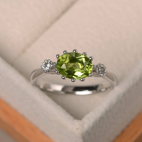 Genuine Peridot Ring, Sterling Silver, Engagement Ring, Oval Cut Gemstone, August Birthstone Ring