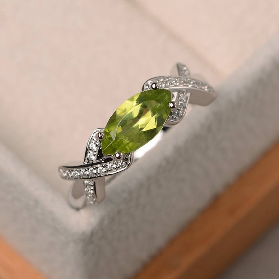 Engagement Ring, Natural Peridot Ring, August Birthstone, Marquise Cut Green Gemstone, Sterling Silver Ring