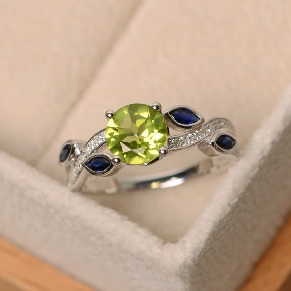Natural Peridot Ring, Leaf Ring, Peridot Engagement Ring, Sterling Silver