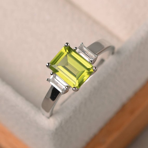 Natural Peridot Ring, Promise Ring, Emerald Cut Green Gemstone, August Birthstone, Sterling Silver Ring