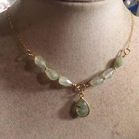 Prehnite Necklace - Green Gemstone Jewellery - Gold Chain Jewelry - Pendant - Beaded - Handmade - Gift - Jewelry By Carmal - Luxe - Unique