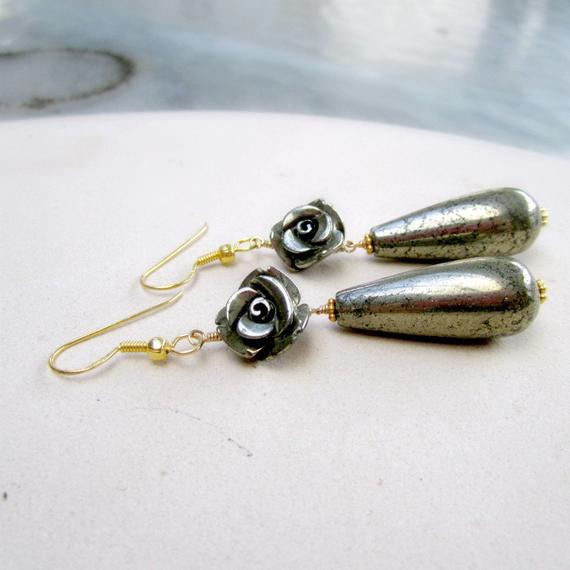 Pyrite Earrings - Flower Jewellery  - Mixed Metal - Yellow Gold Jewelry - Gemstone - Fools Gold - Briolette - Handmade - Gift - Carmal