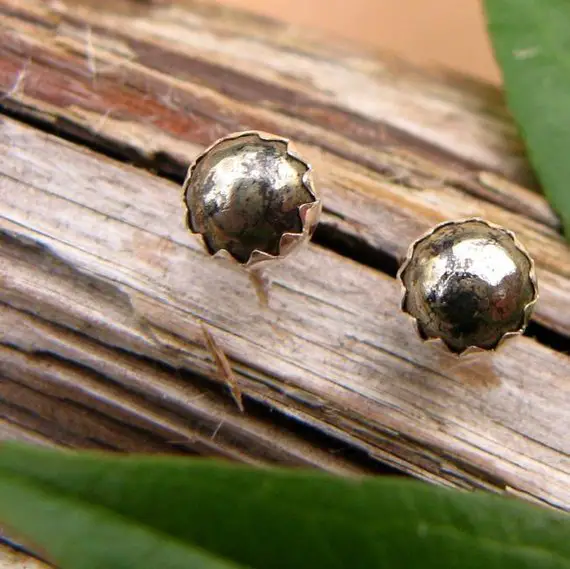 Pyrite Stud Earrings | Metallic Cabochon Earrings In Silver | 6mm