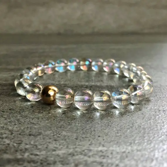 Clear Quartz Bracelet | Crystal Quartz Jewelry | Mala Bead Stretch Bracelet | 14k Gold Filled Bead Elastic Bracelet | 5 6 7 8 9 Inch Size