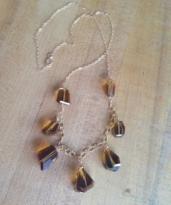 Beer Quartz Necklace - Gold Jewelry - Statement Jewellery - Brown Gemstone - Beaded - Chain - Fashion - Style