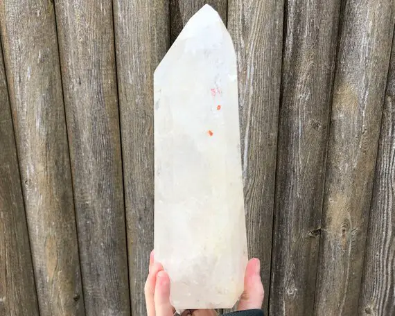 9.5" Large Quartz Tower With Rainbows, Clear Polished Crystal Point, Home Decor, Red Hematite, Big Statement Piece, Gemstone Gift For Her L2