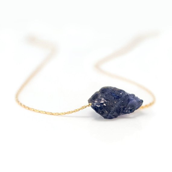 Raw Iolite Necklace, 14k Gold Fill Chain, Dainty Crystal Pendant Necklace, Sterling Silver, Dark Blue Necklace, Gift For Girlfriend, Choker