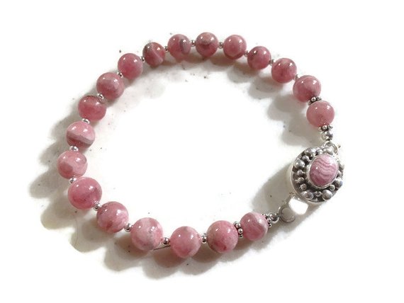 Rhodochrosite Bracelet - Pink Jewelry - Sterling Silver - Natural Gemstone Jewellery - Unique - Box Clasp - Beaded - Jewelrybycarmal
