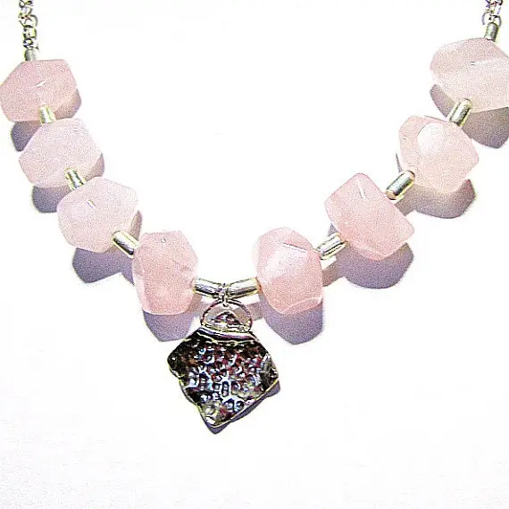 Pink Necklace - Rose Quartz Gemstone Jewellery - Sterling Silver Jewelry - 925 - Chain - Pendant - Handmade - Spring - Fashion - Nugget N-34