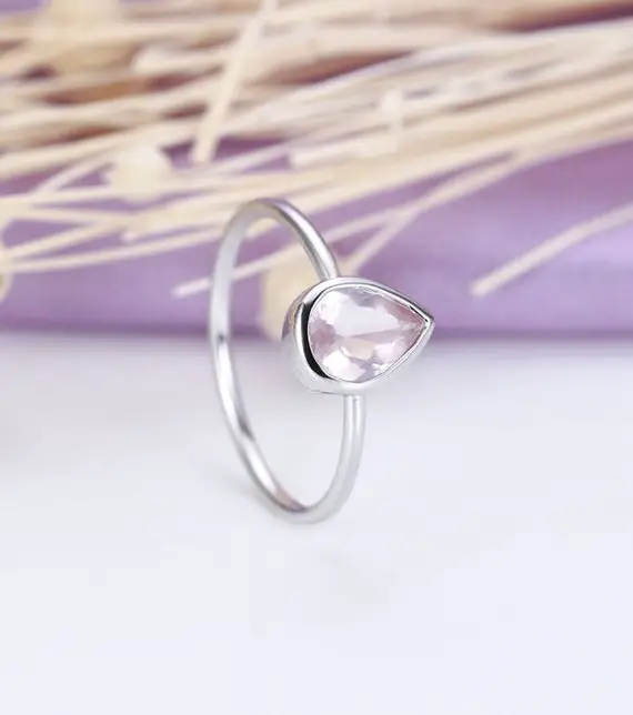 Rose Quartz Engagement Ring Solitaire Pear Cut Rose Quartz Ring Rose Gold Wedding Ring Women Bridal Promise Simple Ring Anniversary Ring