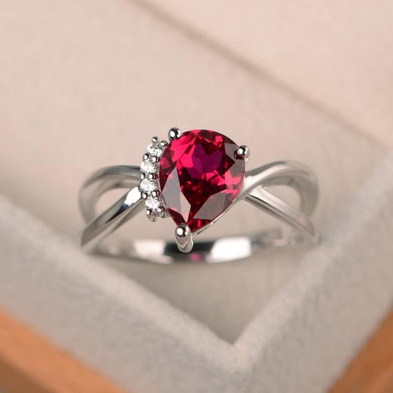 Anniversary Ring, Ruby Ring, Pear Cut Red Gemstone, July Birthstone, Sterling Silver Ring