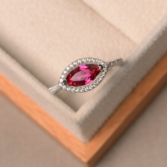 Created Ruby Ring, July Birthstone Ring, Marquise Cut, Sterling Silver Ring, Halo Ring