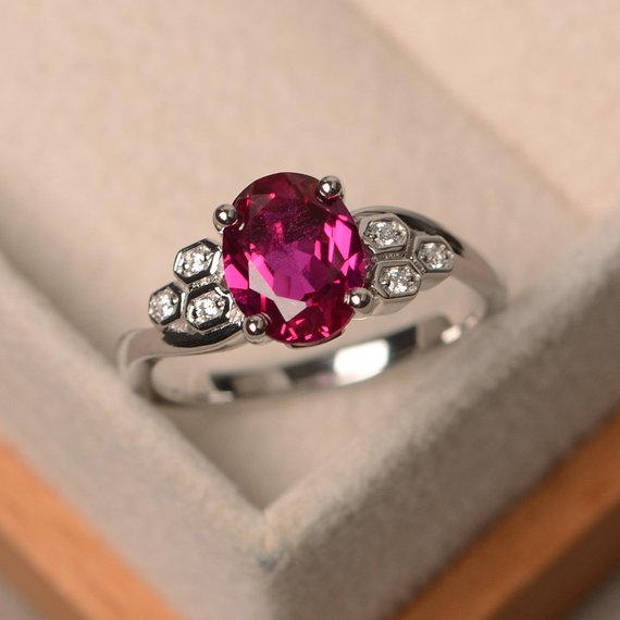 Lab Ruby Ring, Oval Cut Gemstone, Sterling Silver Ring, Engagement Ring