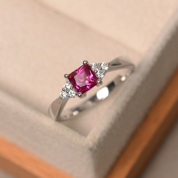 Ruby Statement Ring, Princess Cut , July Birthstone, Sterling Silver, Tiny Red Gemstone Ring