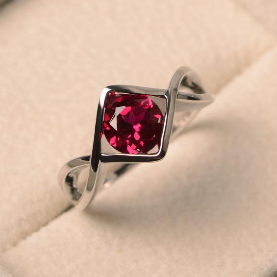 Ruby Promise Rings, July Birthstone Rings, Round Cut Red Stone, Sterling Silver Rings, Solitaire Ring