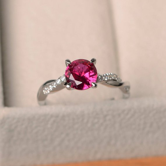 Ruby Promise Rings, July Birthstone, Round Cut Red Stone, Sterling Silver, Vintage Wedding Ring