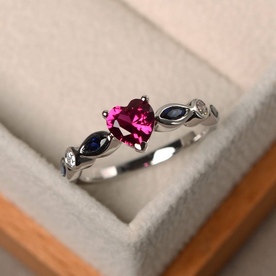 Ruby Rings, Promise Rings, July Birthstone Rings,heart Cut Red Gemstone, Silver Rings, Lovely Rings