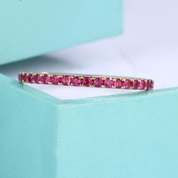 Ruby Full Eternity Wedding Band Rose Gold Eternity Ring Minimalism Simple  Stacking Matching Birthstone Pave Anniversary Everyday Rings