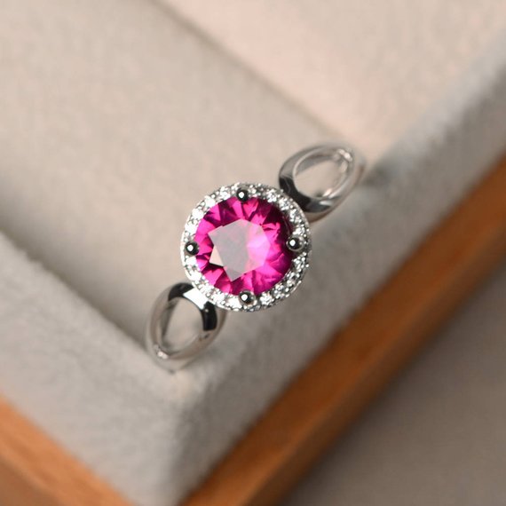 Halo Ruby Ring, July Birthstone, Round Cut, Sterling Silver, Engagement Ring For Women
