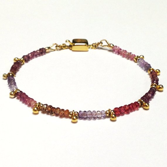 Sapphire Bracelet - Gold Vermeil - Multi-color - Gemstone Jewelry - Beaded - Dainty - Pink - Purple