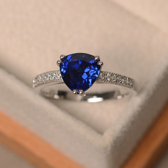 Blue Sapphire Ring, Engagement Ring, Trillion Cut Gemstone, September Birthstone, Sterling Silver Ring