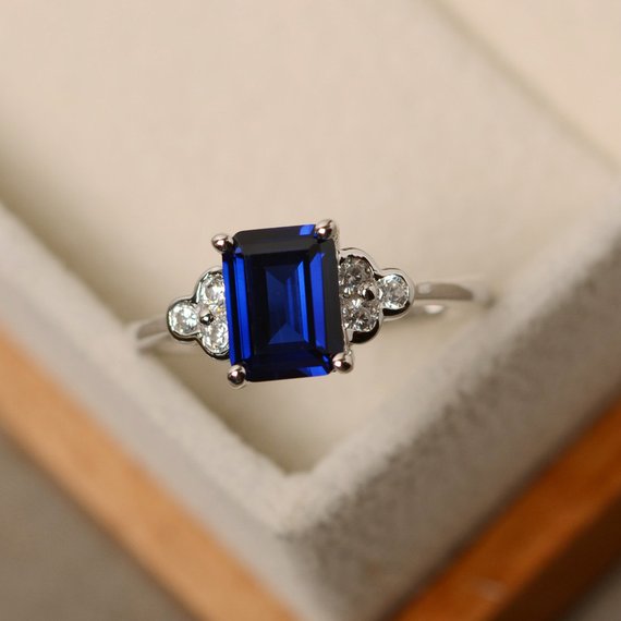 Sapphire Ring, Emerald Cut Ring, Blue Sapphire Ring, Silver 925, Blue Ring, Promise Ring For Her