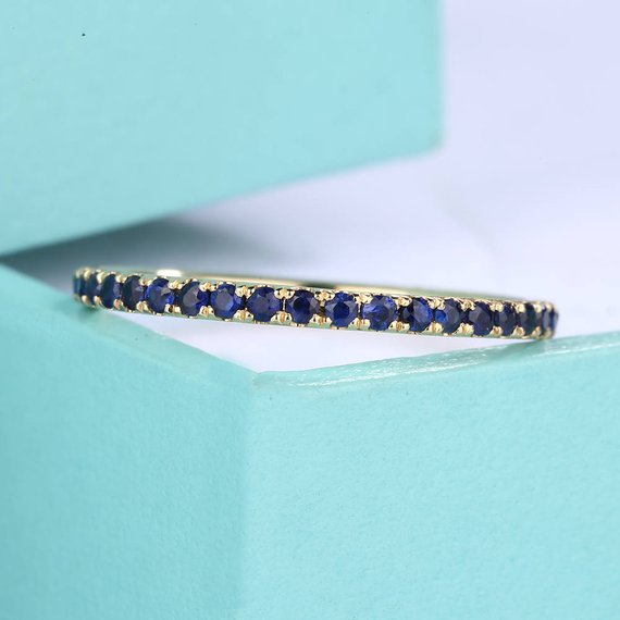 Sapphire Full Eternity Band Wedding Band  White Gold Thin Dainty Stacking Matching Everyday Rings Promise Birthstone Simple Pave Anniversary