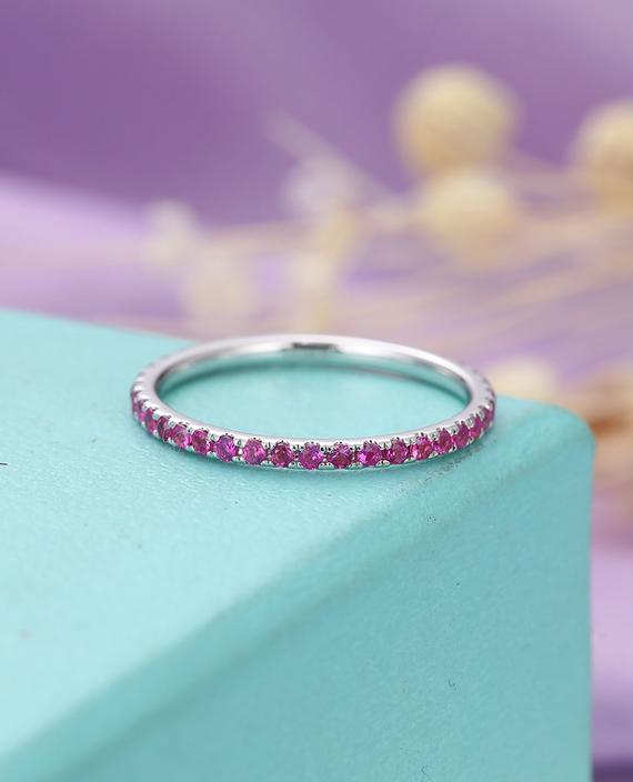 Pink Sapphire Wedding Band  Full Eternity Stacking Ring Simple Sapphire Birthstone Pave Anniversary Everyday Matching Band Promise Ring