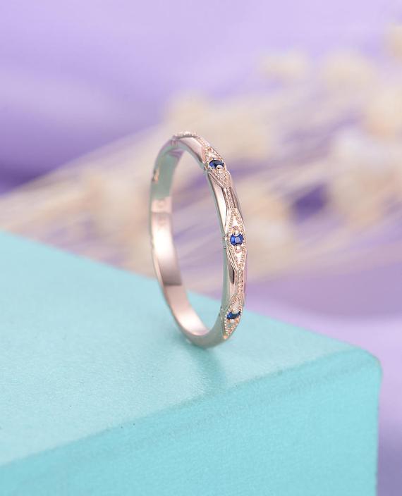 Vintage Sapphire Wedding Band Rose Gold Band Unique Straight Matching Band Art Deco Bridal Band Half Eternity Anniversary Band