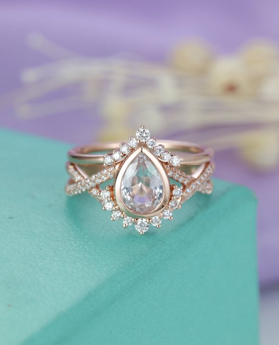 White Topaz Engagement Ring Rose Gold Diamond Moissanite Wedding Band Women Vintage Pear Cut Twisted Bridal Promise Anniversary Ring Set