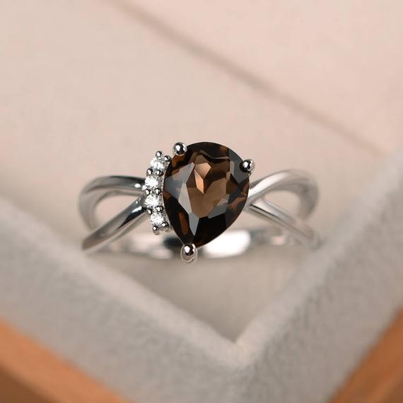 Anniversary Ring, Natural Smoky Quartz Ring, Pear Cut Brown Gemstone, Sterling Silver Ring